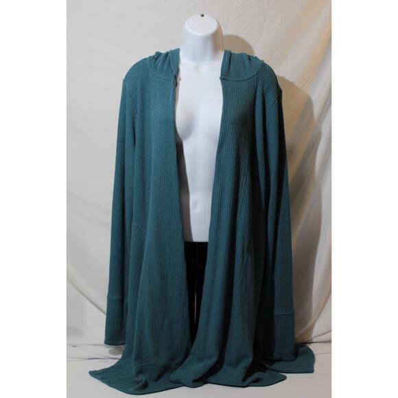 Athleta Harmony Pose Wrap Green Ribbed Hooded Open Cardigan Size: M Pockets LS - Picture 3 of 11
